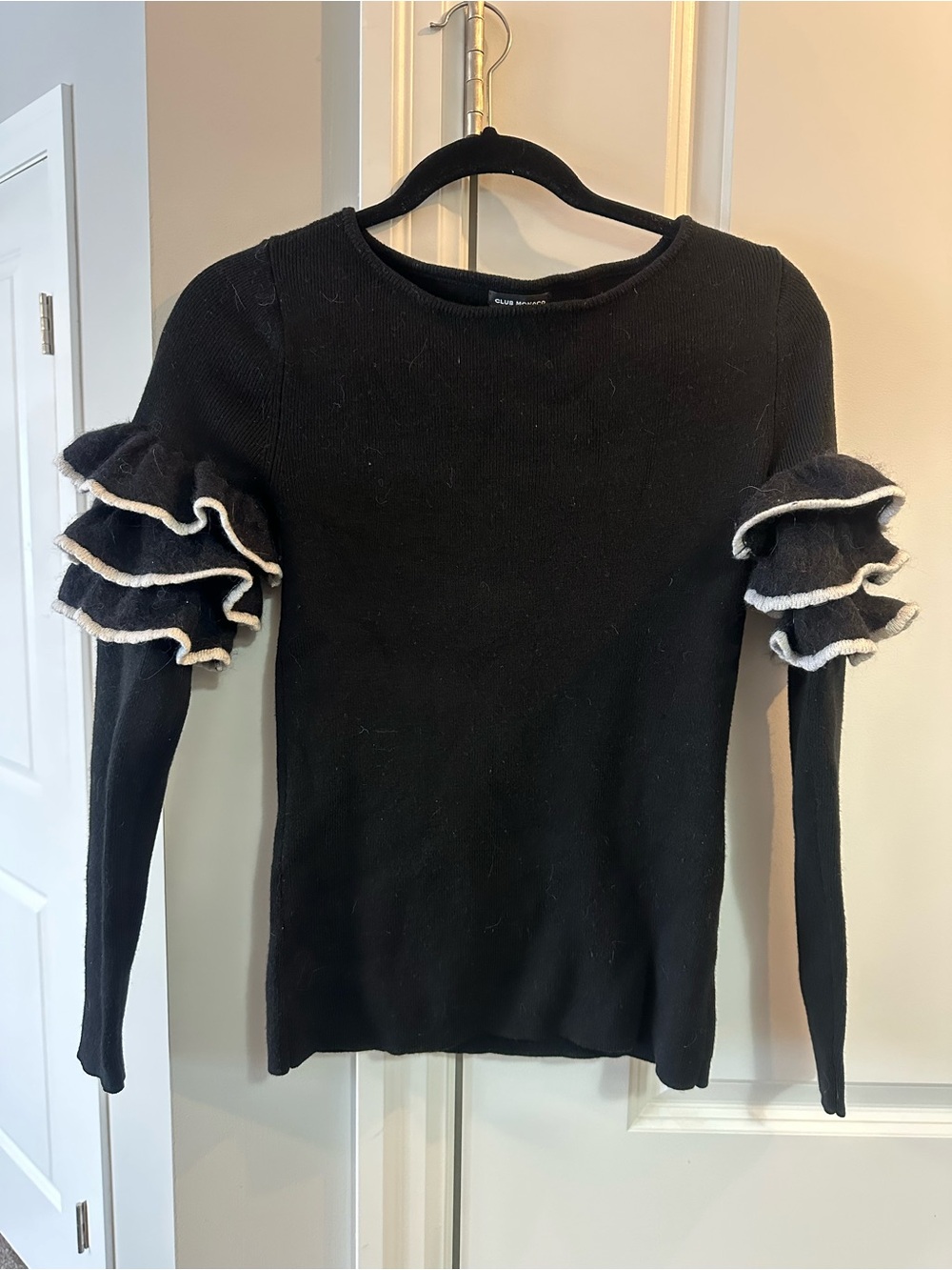 Club Monaco Black Long Sleeve Sweater with Cream-Trim Ruffle Sleeves